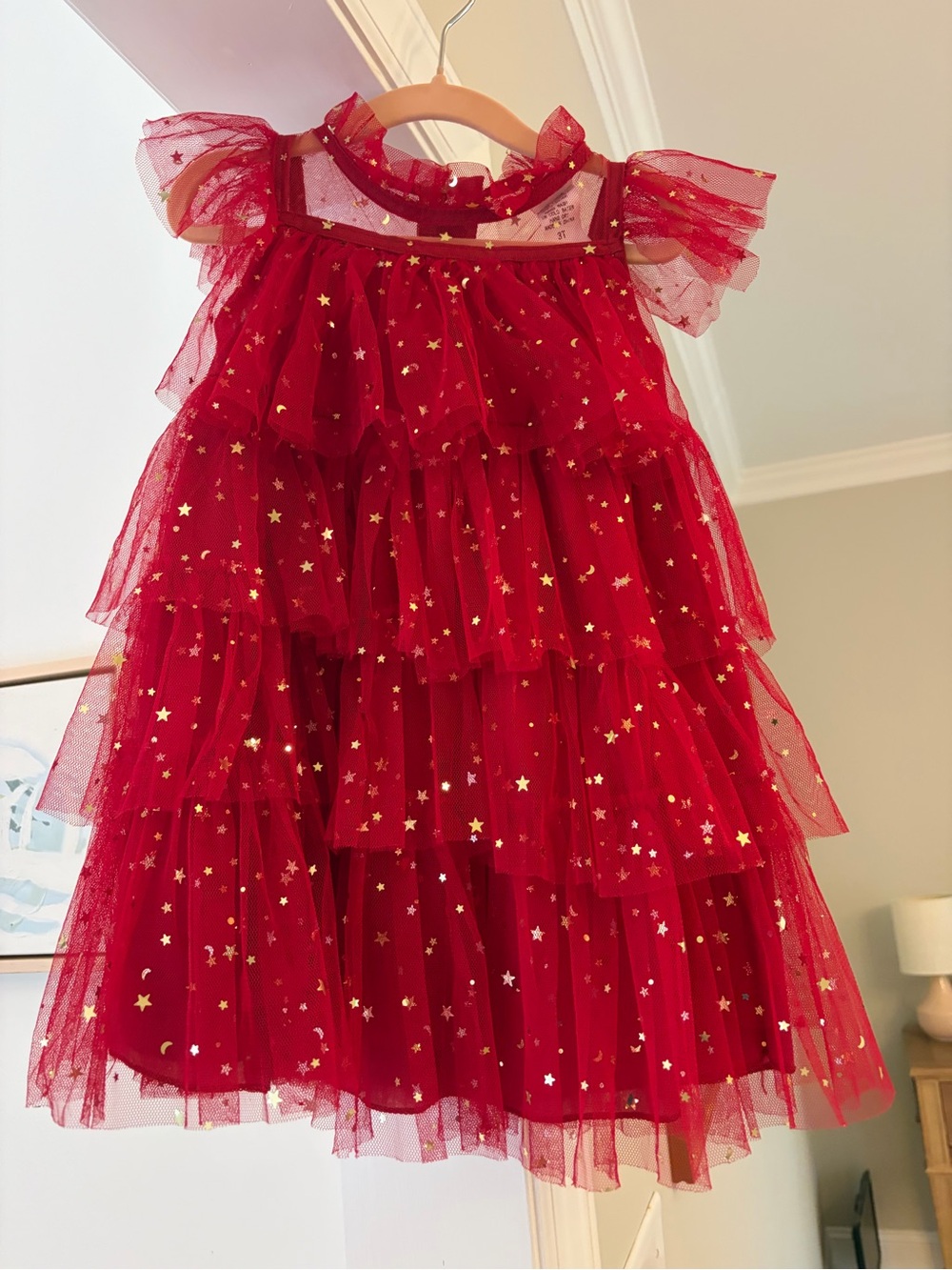 Mia Belle Girls red tulle tiered dress with Gold Star and moon accents- 3T